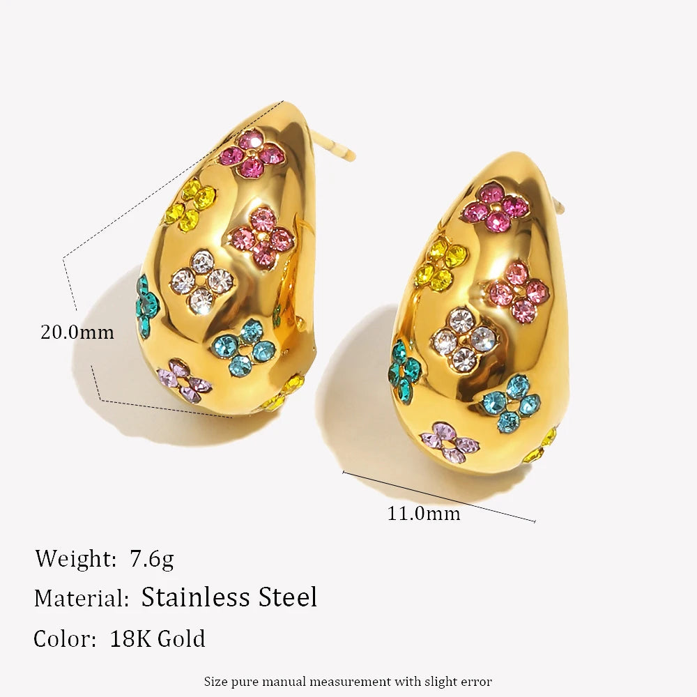 Glossisland 316L Stainless Steel Colorful Zircon Chubby Waterdrop Earrings 18K Gold Plated Waterproof Jewelry Design For Women
