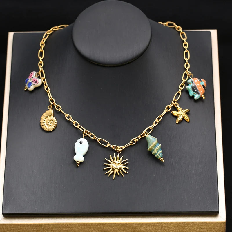 EILIECK 316L Stainless Steel Chain Waterproof Ocean Pendant Necklace Charm Starfish Shell 18K Gold PVD Plated Holiday Jewelry