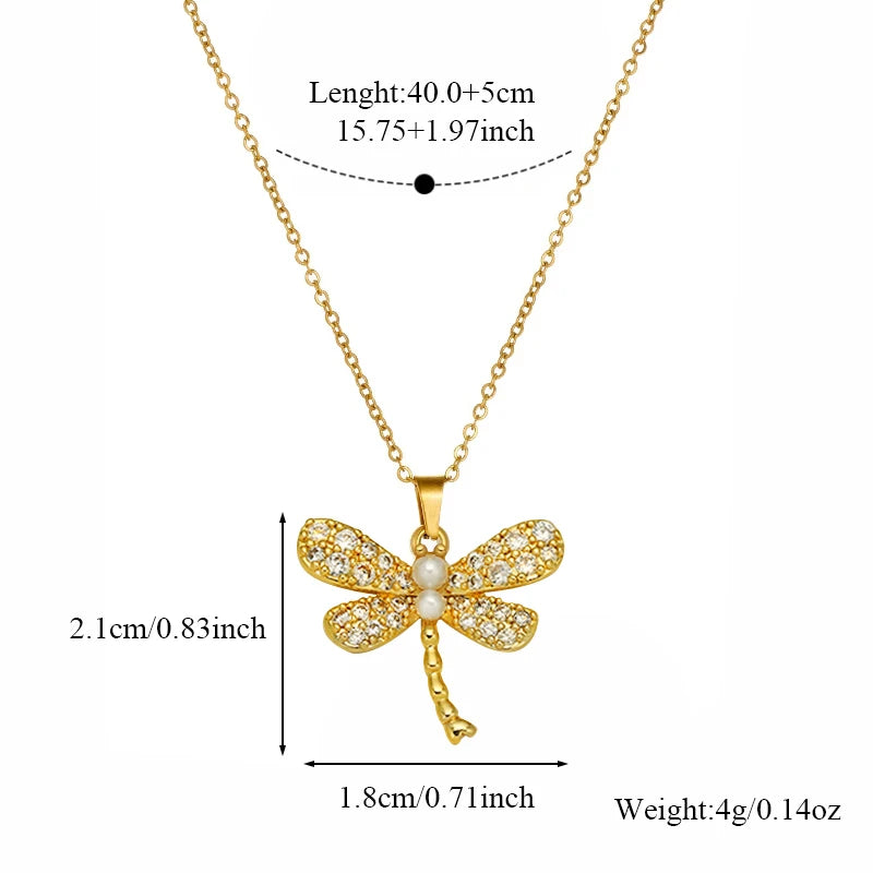 Colar Libellula dourado com libélula de zircónias e pérola, foto 2