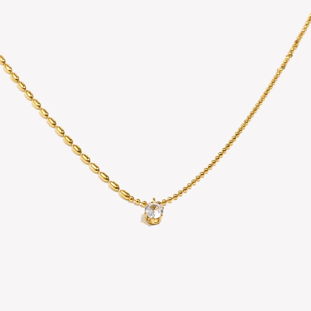 E.B.belle Asymmetric Round Bead Chain Zircon Pendant Necklace 18K Gold Plated Accessories 316L Stainless Steel Necklace