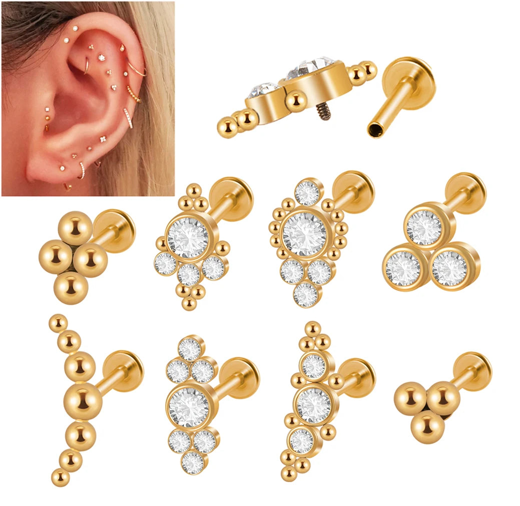 1PC 316L Surgical Steel 16G Gold Plated Cz Labret Lip Ring Crystal Cluster Ear Cartilage Tragus Helix Daith Piercing Jewelry
