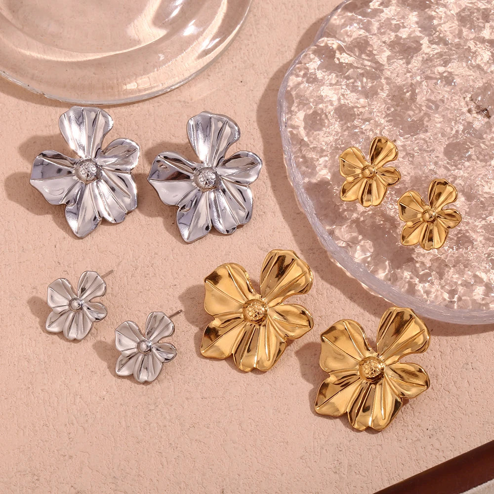 E.B.belle Five Petal Flower Large and Small Earrings 18K Gold Plated 316L Stainless Steel earrings for women Accessories