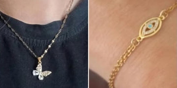 Catarina Sousa, cliente, com colar borboleta e pulseira olho grego Nuar Milano